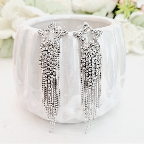 💖 Rhinestone Shooting stars tassel silver Statement formal dangle Earrings new - Picture 10 of 15